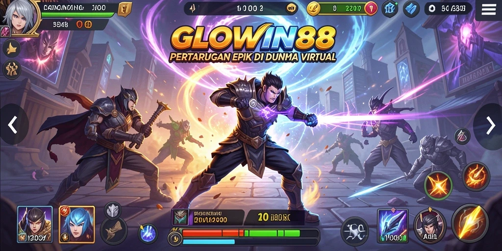 Tangkapan layar <strong>GLOWIN88</strong> menampilkan pertarungan seru antara dua karakter di arena.
