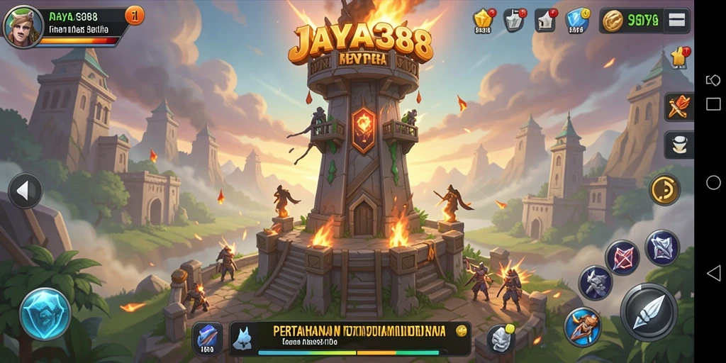 Screenshot gameplay JAYA388 menunjukkan aksi menara pertahanan yang intens.