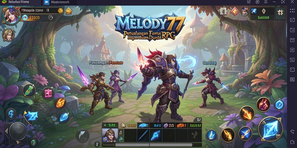 Tampilan permainan MELODY77 yang menampilkan karakter beraksi dalam pertarungan RPG.