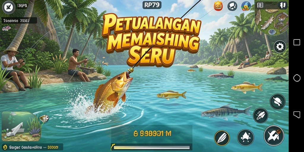 Screenshot utama RP79 menampilkan pemain yang berhasil menangkap ikan besar.